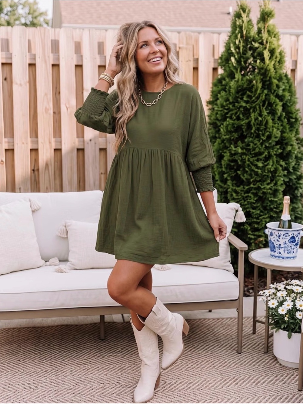 Olive Smocked-Sleeve Mini Dress - Women